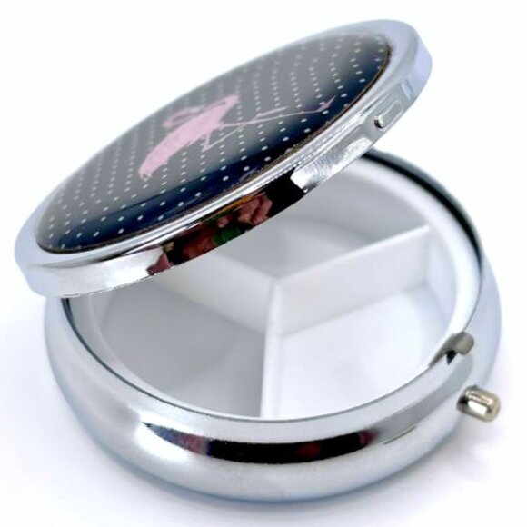 Pink Flamingo Polka Dots 3 Compartment Purse Travel Pill Box Holder Container - Picture 3 of 3